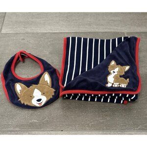Gymboree Baby Blanket + Bib CORGI Puppy Dog Cotton Velour Reversible Stripe 2016
